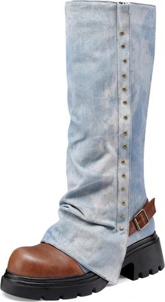 Generic Womens Tie-Dye Knee-High Boots Denim Fabric Chunky Platform Sole Metal Rivets Buckle Strap Comfortable Trendy Footwear For Street Style Daily,Light Bl