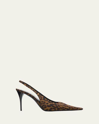 Saint Laurent 90mm YSL Leopard Grosgrain Slingback Pumps