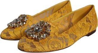 Dolce & Gabbana Womens Lace Crystal-Embellished Flat Yellow Viscose Cotton Nylon