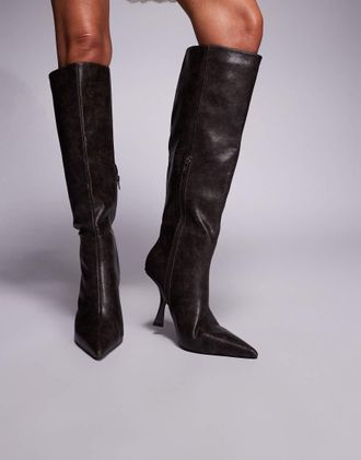 Public Desire Third Date stivali al ginocchio con tacco in marrone effetto vissuto