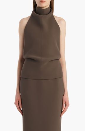 Khaite Rone Funnel Neck Double Face Crepe Halter Top in Clove at Nordstrom, Size 10