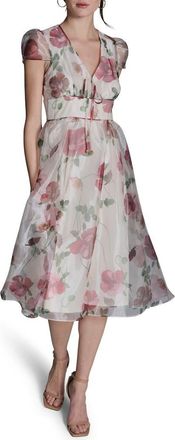 BCBGeneration Floral Cap Sleeve Organza Fit & Flare Midi Dress in Ecru Multi at Nordstrom Rack, Size 14