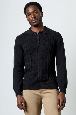 French Connection Mens Black Cotton Nylon Blend Cable Knit Long Sleeve Polo Jumper - Size X-Large