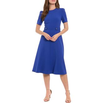 London Times Short Sleeve Fit & Flare Midi Dress in Bcobalt at Nordstrom Rack, Size 10