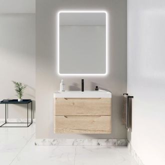 Aurlane Mueble De Ba&ntilde;o 80 Cm 2 Cajones Roble Claro - Lavabo De Cer&aacute;mica Blanca