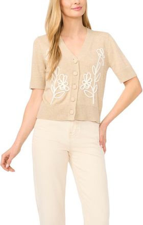 CeCe by Cynthia Steffe Embroidered Floral Short Sleeve Cardigan in Oatmeal Taupe at Nordstrom, Size Xx-Small