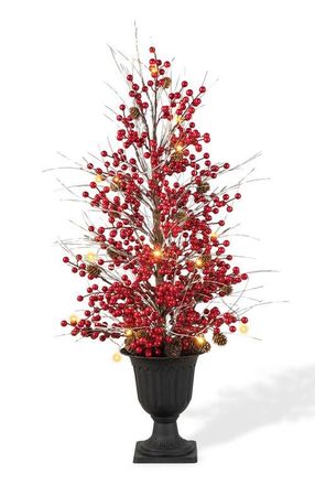 Glitzhome 3FT Christmas Lighted Berry and Pine Cone Urn Porch Tree with Timer in Red at Nordstrom