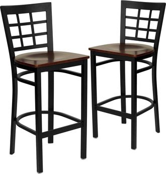 Flash Furniture 2 Pk. Black Window Back Metal Restaurant Barstool - Mahogany Wood Seat
