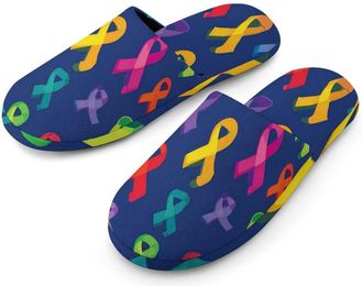 Generic Autism Awareness Ribbons Colored Mens Slippers Flannel Warm House Shoes with Rubber Anti-Slip Sole Slip On for Home Outdoor