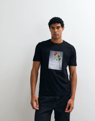 HUGO BOSS HUGO Red - T-shirt vestibilit&agrave; classica nera con stampa grafica-Nero