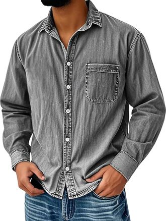 Generic Mens Vintage Washed Denim Shirt Classic Long Sleeve Button Down Shirt Retro Workwear Style with Breast Pockets Casual Slim Fit Denim Top Modern Design
