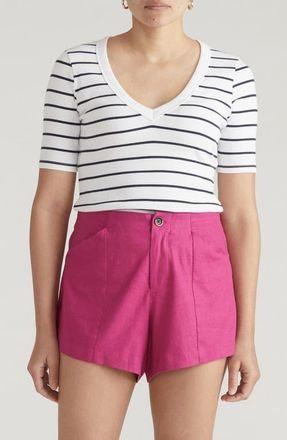 Universal Standard V-Neck Elbow Sleeve Cotton T-Shirt in Nautical Navy Stripe at Nordstrom, Size Xxx-Large