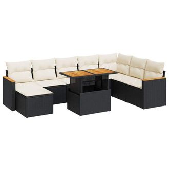vidaXL Set Sof&aacute;s Jard&iacute;n Y Cojines 9 Pzas Rat&aacute;n Sint&eacute;tico Acacia Negro Vidaxl
