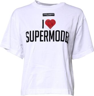 Dolce & Gabbana Womens White Printed Round Neck Top Cotton T-Shirt