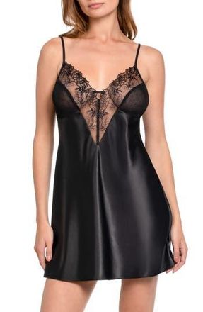 In Bloom by Jonquil Tasha Dotted Mesh & Lace Trim Satin Chemise in Black at Nordstrom Rack, Size Large