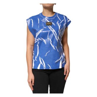 Dolce & Gabbana Sleeveless Tops, female, Blue, S, Blue White Logo Plaque Tank Top
