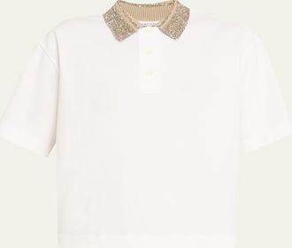 Brunello Cucinelli Paillette Collar Short-Sleeve Cotton Piquet Polo Shirt