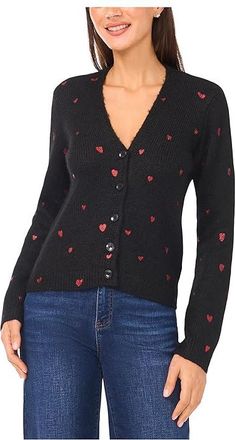 CeCe by Cynthia Steffe Foil Heart Cardigan Womens Sweater Rich Black : SM, Nylon/Polyester/Spandex