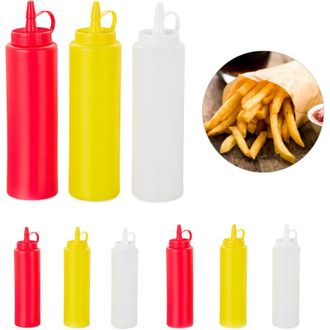 Relaxdays Set De 72 Biberones Cocina, Dispensador De Salsa, Aceite, Dosificador, Bote, Pe, 400 Ml, Rojo-amarillo-blanco