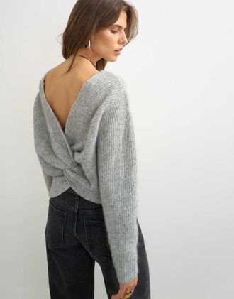 Topshop maglione lavorato con dettaglio annodato sul retro in lana grigio chiaro-Verde