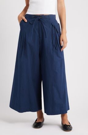 Damson Madder Tatianna Belted Organic Cotton Ankle Wide Leg Pants in Navy at Nordstrom, Size 10 Us
