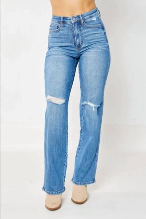 Judy Blue Womens Leo Tummy Control Destroy Knee Straight Denim Jeans In Medium Wash