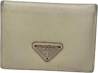 Prada Pre-owned Wallets, female, Beige, Size: ONE SIZE Pre-owned Saffiano Triangle Card Holder