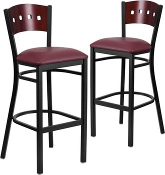 Flash Furniture 2 Pk. 4 Square Back Metal Barstool - Mahogany Wood Back, Burdy Vinyl Seat