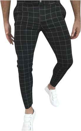 Generic Mens Chequered Slim Fit Trousers Stretch Look Suit Chino Straight Fit Fashion Slim Fit Casual Printed Pant for Business Work