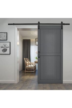 Living and Home 91cm W x 3.5cm D x 213cm H Farmhouse Style Wooden Barn Door with 200cm Slide Guide Dark Grey | Size: 91 cm W x 3.5 cm D x 213 cm H