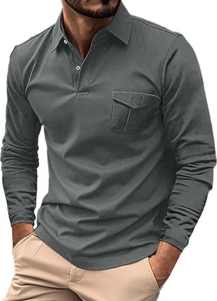 Generic Long Sleeve Polo Shirts For Men - Mens Casual Business Polo Shirts Spring Autumn With Chest Pocket Long Sleeve Tops Simple Solid Color Lapel Polo Shir