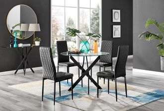Furniturebox Novara 4 Seater Black Leg Round Glass Dining Table & 4 Milan Faux Leather Black Leg Chairs