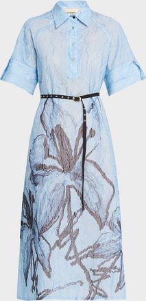 Love Birds Serenza Crinkled Floral-Print Silk Midi Shirtdress