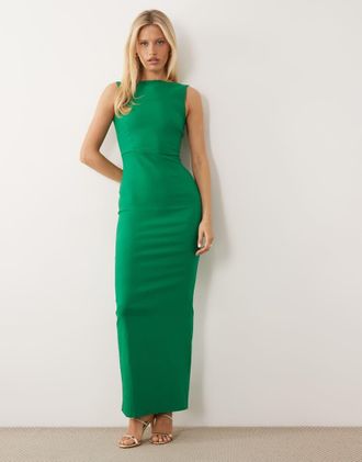 Vesper Vestito lungo accollato in bengalina verde smeraldo con scollo ad anello sul retro