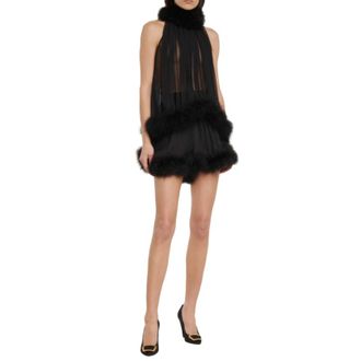 Saint Laurent Feather-trimmed silk crêpe top & shorts Size S