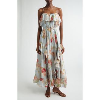 Zimmermann Roselight Frill Silk Habutae Maxi Dress in Blue Rose Floral at Nordstrom, Size 2