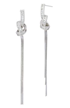 Savvy Cie Jewels RHODIUM PLATED WHITE CZ KNOT WITH FRINGE EARRINGS