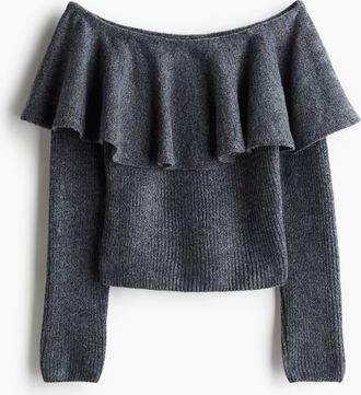H&M Schulterfreier Pullover mit Volant - Dunkelgraumeliert