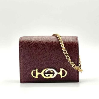 Gucci Womens Zumi Burgundy Leather Gold Chain Bi-Fold Mini Wallet w/box
