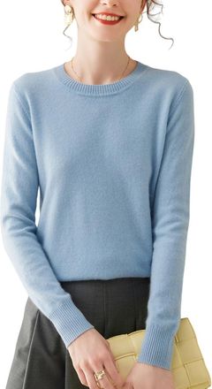 Dissa Women Cashmere Jumper Blue Crewneck Knitted Jumper Long Sleeve Fitted Cashmere&Wool Thin Plain Ladies Sweater,UK 12,MN603