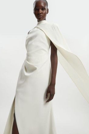 Karen Millen Womens Soft Tailored One Shoulder Cape Sleeve Maxi Dress - White - Size 12 UK