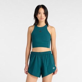 New Balance Mujer RC Elite Storage Crop Tank en Verde, Poly Knit, Talla XS