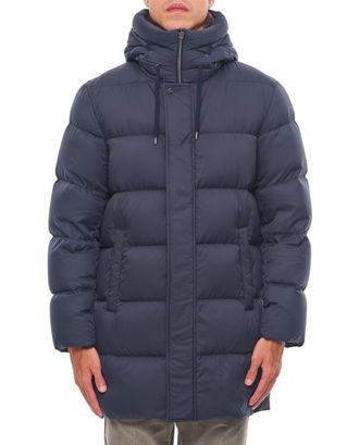 Herno Blue Hooded Long Faux-Fur Collar Down Jacket