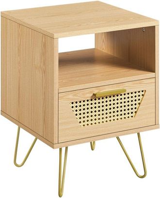 Yaheetech Yaheetech - Mesita De Noche Con 1 Caj&oacute;n 1 Estante Trenzada En Rat&aacute;n 40x40x55 Cm Estilo Moderno Mesa Auxiliar Para Dormiorio Sala De Estar Sal&oacute;n De Mad