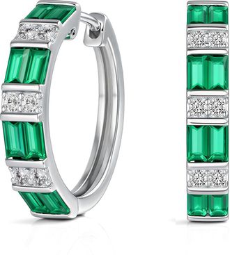 MAX + STONE 925 Sterling Silver Emerald Cut Round Gemstone Hoop Earrings with Cubic Zirconia