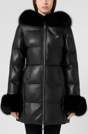 Philipp Plein Piumino lungo in pelle con collo in pelliccia