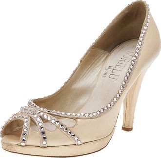 Loriblu Cream Leather Crystal Embellished Peep Toe Pumps