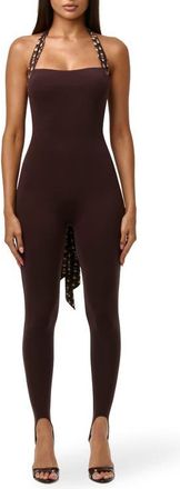 Naked Wardrobe Chiffon Strap Stirrup Jumpsuit in Dark Chocolate at Nordstrom, Size X-Large