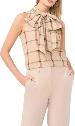 Vince Camuto Check Tie Neck Sleeveless Top in Fall Camel at Nordstrom, Size Xx-Large