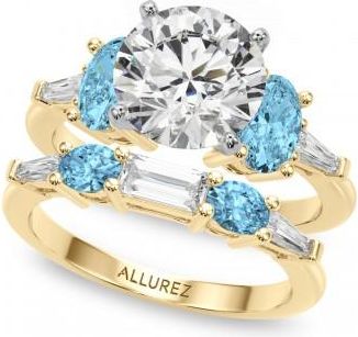 Allurez Round Lab Grown Diamond & Oval Blue Topaz Bridal Set 18K Yellow Gold (4.97ct)